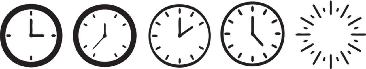 Set of five black and white clock face icons showing alarm or countdown timer at 9 o clock position in a simple modern flat design style
