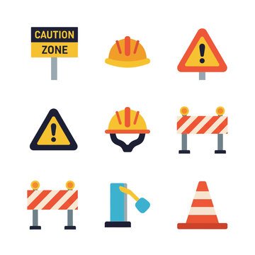 Construction Zone Safety Equipment and Warning Signs Collection.