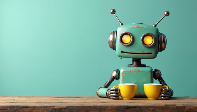 Retro teal robot with two yellow cups on wood table. Robot has glowing yellow eyes and antennas. It sits on a plain teal background. Whimsical vintage character has a friendly face.
