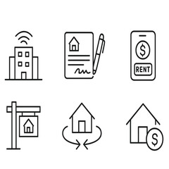  Real Estate Management and Property Technology Flat Vector Icon Set with Smart Building, Digital Contract and Virtual Tour