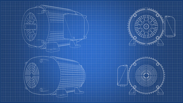 Electric Motor Technical Drawing - Blueprint Illustration. 3D rendering isolated on blue background. 3D Mesh, Sketch, Vector style. 