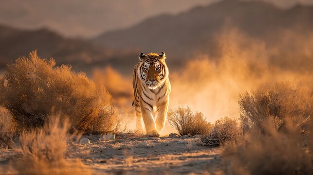 Majestic tiger walks directly toward camera through dry brush.