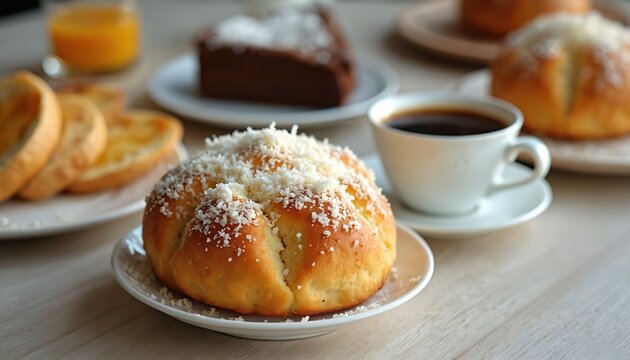 Sweet homemade pao doce bread topped with grated coconut sits near cup of black coffee, toast slices on wooden table. Slice of chocolate cake, another sweet bread visible in background, completing
