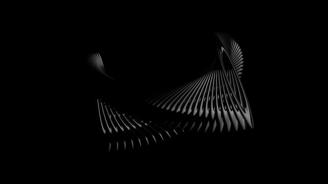 Minimal abstract triangular form composed of repeating ribbed elements rising from black background with dramatic low key lighting and strong geometric perspective
