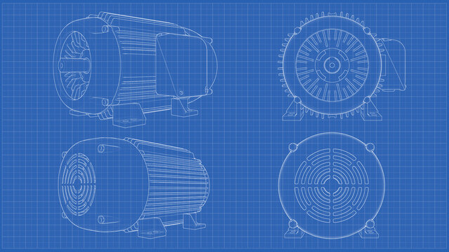 Industrial Induction Electric Motor AC - Technical Drawing Blueprint. 3D rendering isolated on blue background. 3D Mesh, Sketch, Vector style. 