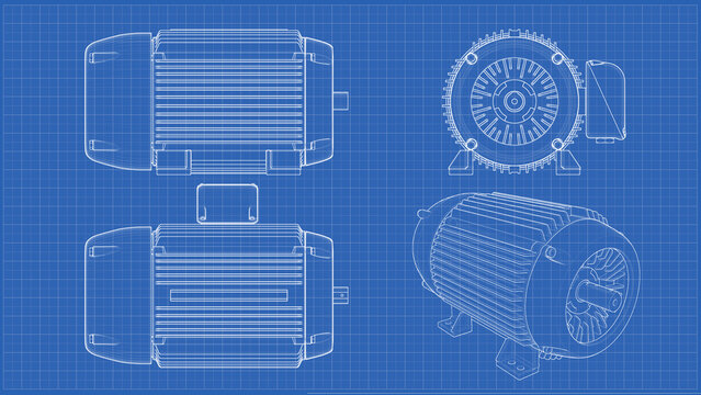 Three-Phase AC Electric Motor - Engineering drawing Blueprint. 3D rendering isolated on blue background. 3D Mesh, Sketch, Vector style. 