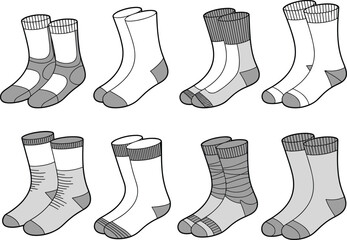 Collection of blank socks mockup set, various crew sock templates, front and side view, isolated apparel illustration design