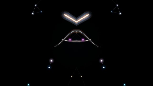 A serene night sky with constellations forming a gentle smile, viewed from a dark landscape, featuring stars and a celestial map