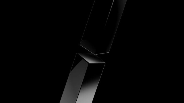 Minimal 3D render of glossy black rectangular blocks suspended in dark space with dramatic lighting and shadows creating modern abstract geometric composition