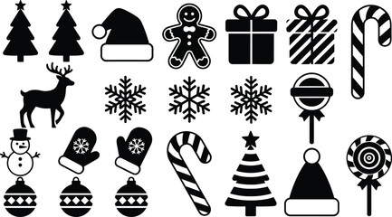 Christmas holiday icon set with santa hat reindeer gingerbread man and snowflakes, winter celebration elements, festive gift and candy vector © Mojahid