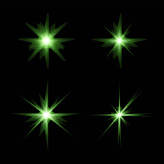 Fototapeta premium Collection of green starbursts on black background, vector graphic illustration, design elements for special effects and highlights.