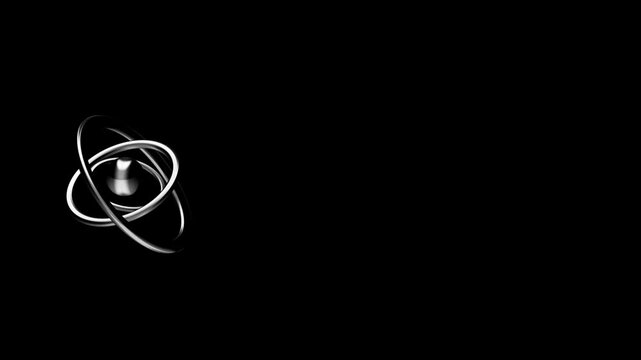 Abstract 3d illustration of glossy black metallic rings spinning around a central axis element on a dark background with dramatic lighting and smooth reflective surfaces for modern design concepts