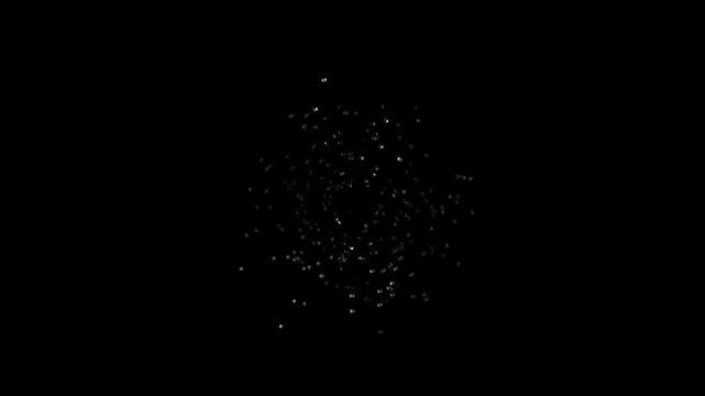 Wide distant perspective of numerous tiny black cubes forming a swirling cluster in deep black space creating a minimalist futuristic abstract background with depth