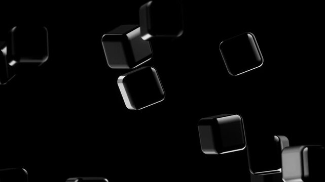 Group of shiny black 3D cubes floating in mid air against a deep black background with dramatic lighting reflections creating a modern minimal abstract geometric scene