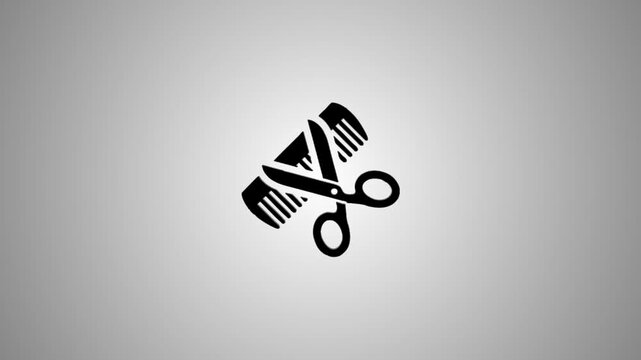 Barber shop scissors and comb black icon rotating on white background with 3d effect motion graphics animation