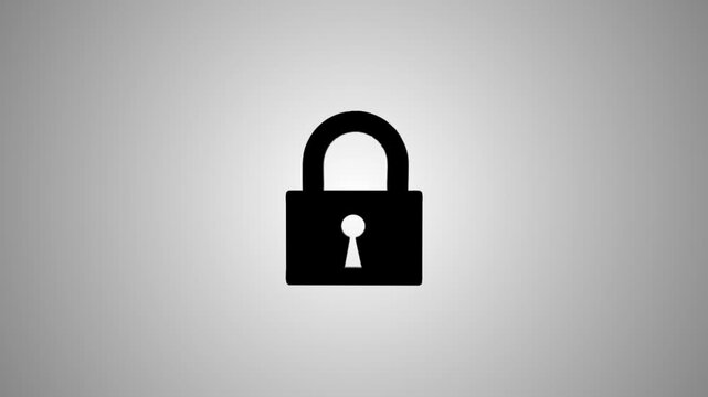 A pad lock rotating in the middle of a gray background before becoming completely solid and glowing briefly before returning to normal