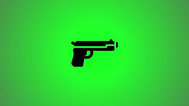 Dynamic 3d rendered animation of a handgun transforming into a 2d flat icon on a vibrant green background seamless loop
