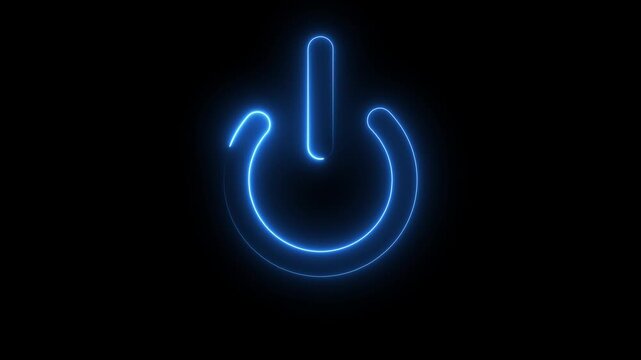 Neon glowing power button icon animated on a black background. Glowing neon power icon sign with neon circle animation. Neon power reset button sign animation.