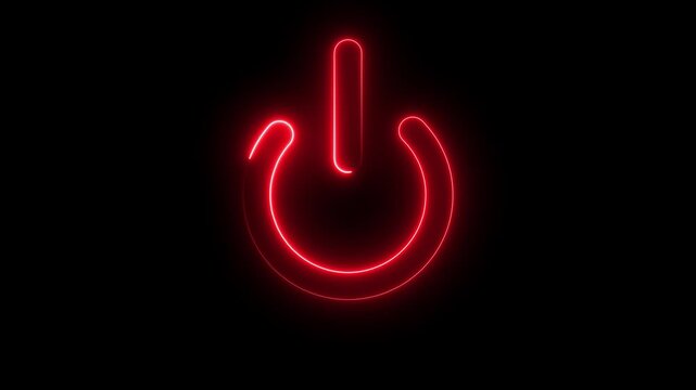 Neon glowing power button icon animated on a black background. Glowing neon power icon sign with neon circle animation. Neon power reset button sign animation.
