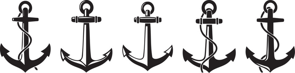 Collection of black anchor silhouettes with varying rope designs on a white background for nautical themed graphics and designs © Monivara Creations