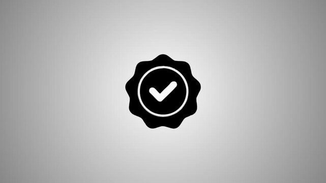 Minimalist black and white seal with check mark moving in three dimensional space against gray gradient background