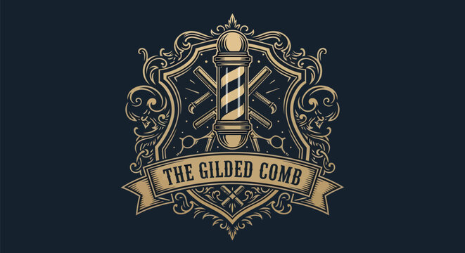 Vintage Barber Shop Emblem The Gilded Comb Logo Design.