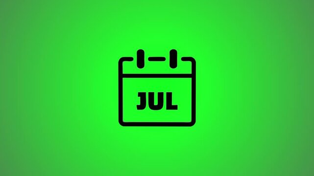 Isometric calendar icon for July displays on a vibrant green background with subtle animation