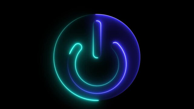 Blue Neon power reset button sign animation Neon glowing power button icon animated on a black background.