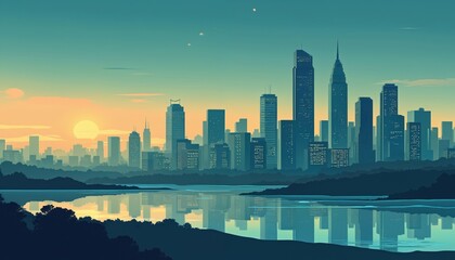 Obraz premium Flat gradient illustration of a city skyline at dusk with a lake reflecting buildings. Tall skyscrapers dominate the horizon under a muted sky, suggesting urban development and business.
