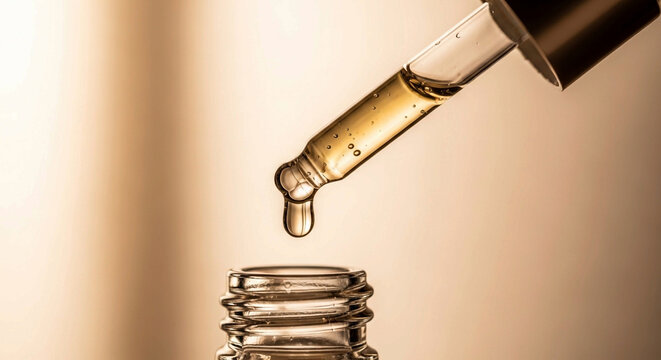  Hydrating Skincare Serum Droplets. Close-up of Beige Cosmetic Dropper Bottle. Golden Organic Elixir for Natural Facial Care Treatment.