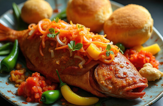 Whole fried fish dish with spicy pickled vegetables and johnny cakes. Seafood meal features colorful ingredients and fresh herbs, ideal for Caribbean cuisine lovers.