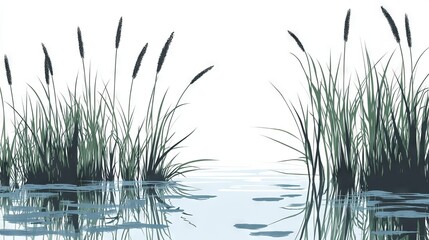 hand-drawn style vector of pond vegetation including long reeds, cattail silhouettes, and subtle layered grass textures