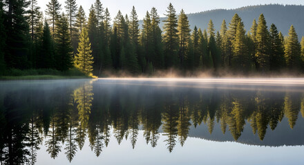 A peaceful lake in the forest reflects tall trees, mountains, and the morning sky in a beautiful natural landscape