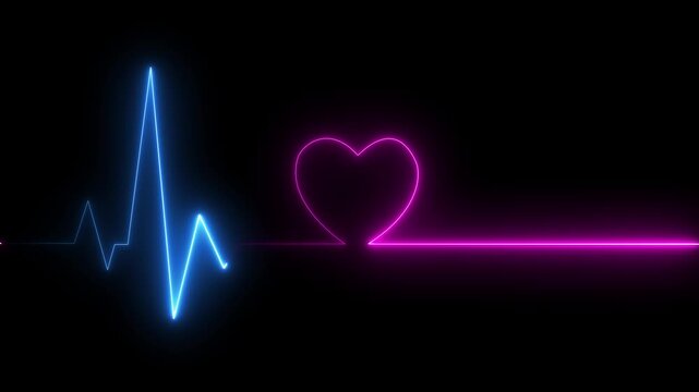 Digital heartbeat line animation. Neon line heart pulse looping animation. Abstract heartbeat and pulse rate signal technology animation on grid background. Heart beat pulse