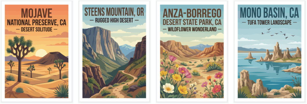 Vintage usa travel poster set. Including mojave preserve, anza borrego and mono basin california, and steens mountain oregon. Retro vector illustration.