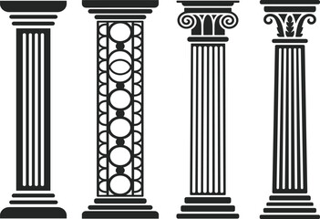 Fototapeta premium Classical architectural column vector set, featuring ancient greek and roman pillar silhouettes with ornate decorative capitals