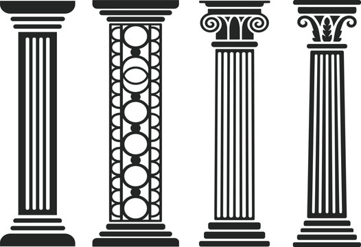 Classical architectural column vector set, featuring ancient greek and roman pillar silhouettes with ornate decorative capitals