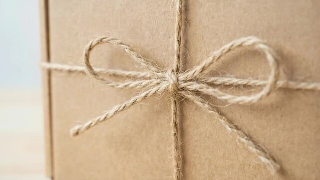 Brown cardboard box decorated with rope bow. Craft gift box with twine for natural packaging and delivery during relocation.