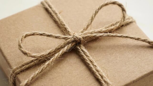 Brown cardboard gift box with jute rope tied in a bow on white background, a simple rustic style present for special occasion.