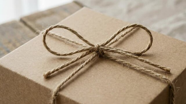 Brown gift box tied with rustic string bow. Handmade present package. Eco friendly festive wrapping for holiday or event.