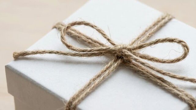 White gift box with bow tied with natural jute rope. Simple present package for celebration and holiday.