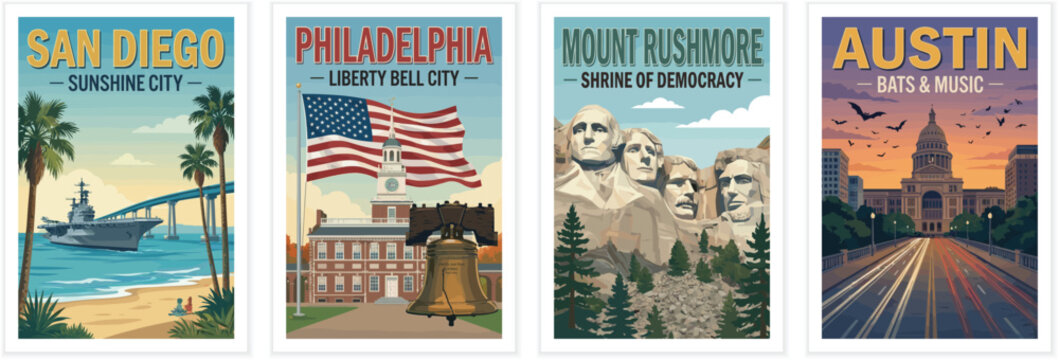 Vintage usa travel poster set. Including san diego sunshine city, philadelphia liberty bell, mount rushmore, and austin bats and music. Retro vector art.