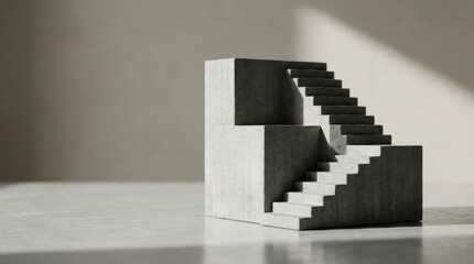 Fototapeta premium Abstract concrete stairs sculpture with geometric design against soft natural light, emphasizing minimalism and modern architecture aesthetics