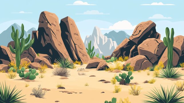 flat vector illustration of desert rock formations including boulders, cliffs, and scattered dryland vegetation like cacti, agave, and tumbleweed on light neutral background