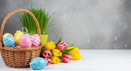 Easter Basket with Painted Eggs and Spring Flowers on Wooden Table