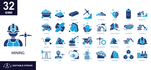 Fototapeta premium Set of 32 Mining icons in mixed color style.