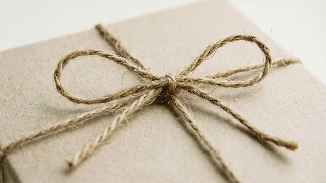 Close up of a craft paper gift box with a twine bow tying process for present packaging on a white background