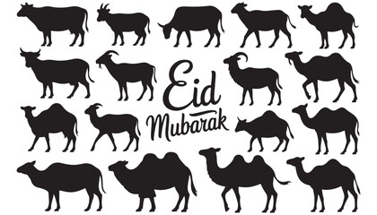 Fototapeta premium Eid al-Adha Mubarak Wishes: A Festive Poster Featuring Decorative Islamic Patterns ,Farm Animal Silhouettes - A Diverse Collection of Livestock and Poultry.