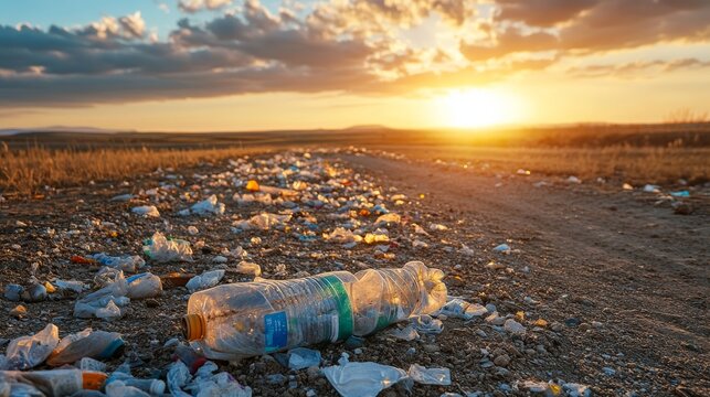 dramatic low-angle perspective of discarded plastic in desert wasteland, golden hour light emphasizing desolation and pollution