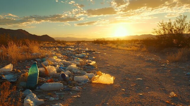 dramatic low-angle perspective of discarded plastic in desert wasteland, golden hour light emphasizing desolation and pollution